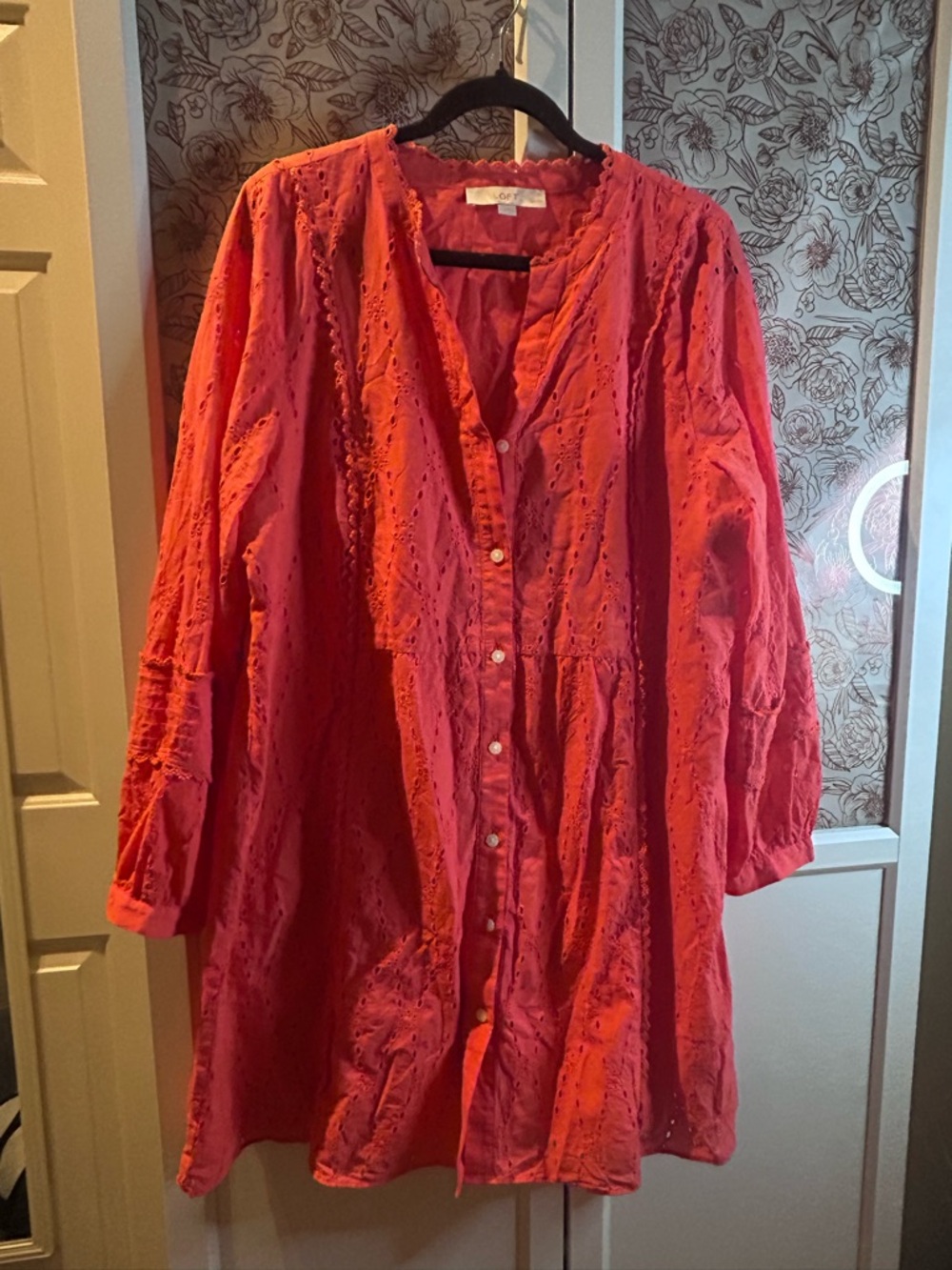 LOFT Coral Eyelet Button-Front Dress